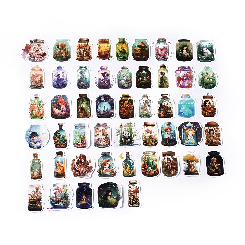 Klistermärken Cartoonfigurer i olika Flaskor 50-54mm Stickers, 50st olika motiv