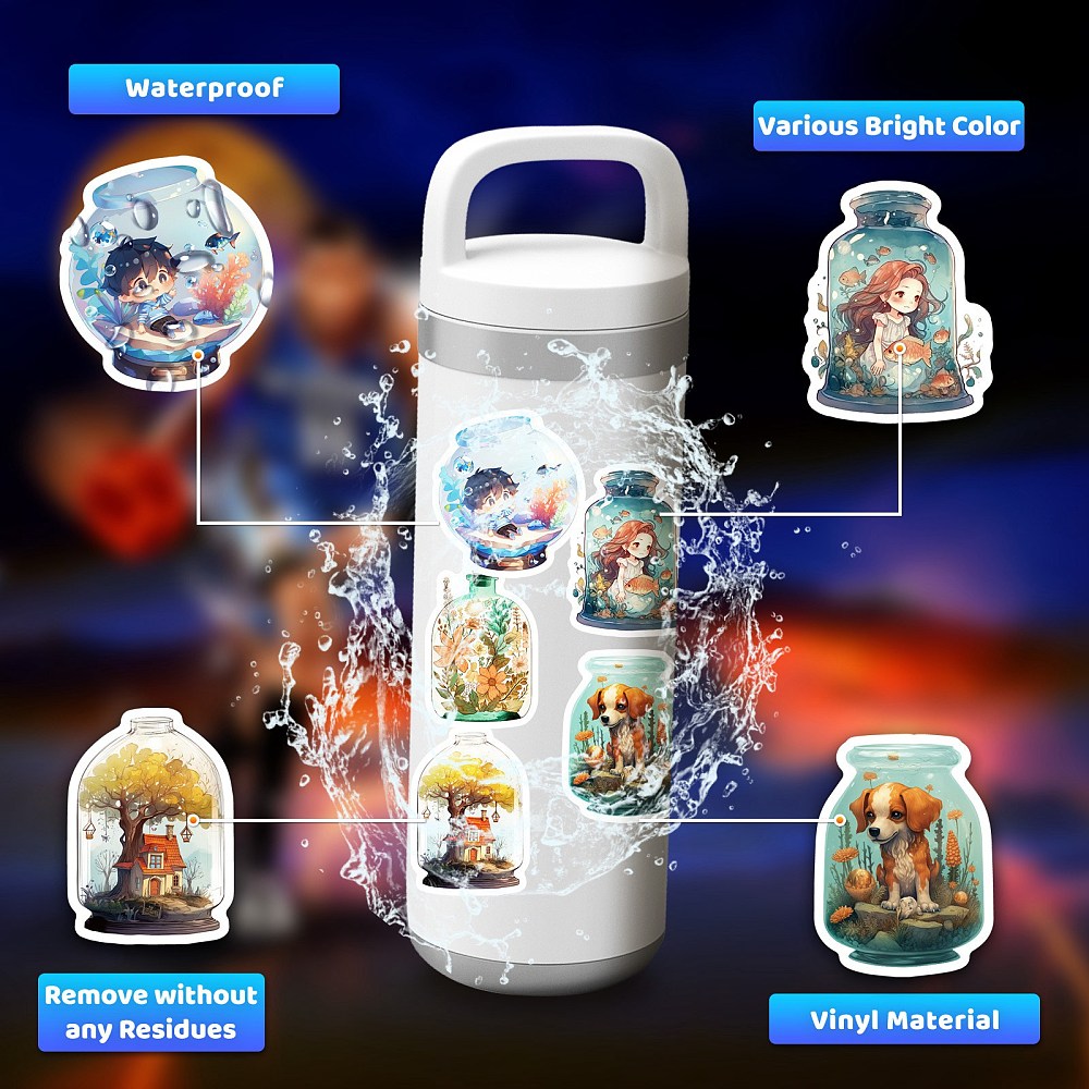 Klistermärken Cartoonfigurer i olika Flaskor 50-54mm Stickers, 50st olika motiv