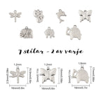 Vilda Djur Berlocker i Rostfritt stål 7 stilar 2 av varje, 1 Minibox med 14st