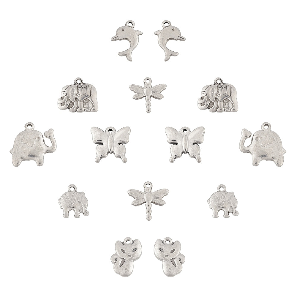 Vilda Djur Berlocker i Rostfritt stål 7 stilar 2 av varje, 1 Minibox med 14st