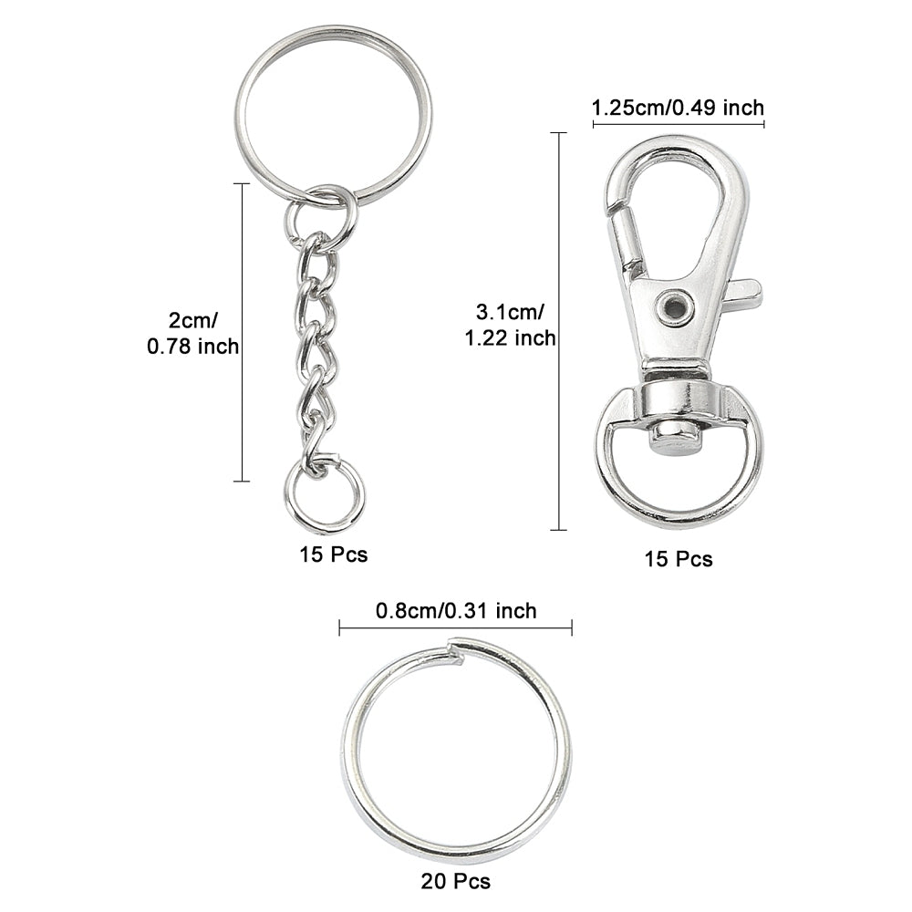 Nyckelringar 20mm med Kedja och Karbinhake 31mm Platinumpläterade, 3st