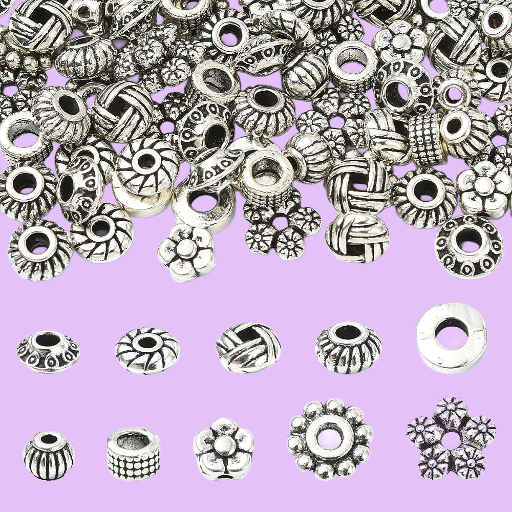 Bicone Metallpärlor Distanspärlor 5~7x2~4mm Antiksilver i 10 stilar, 100-pack