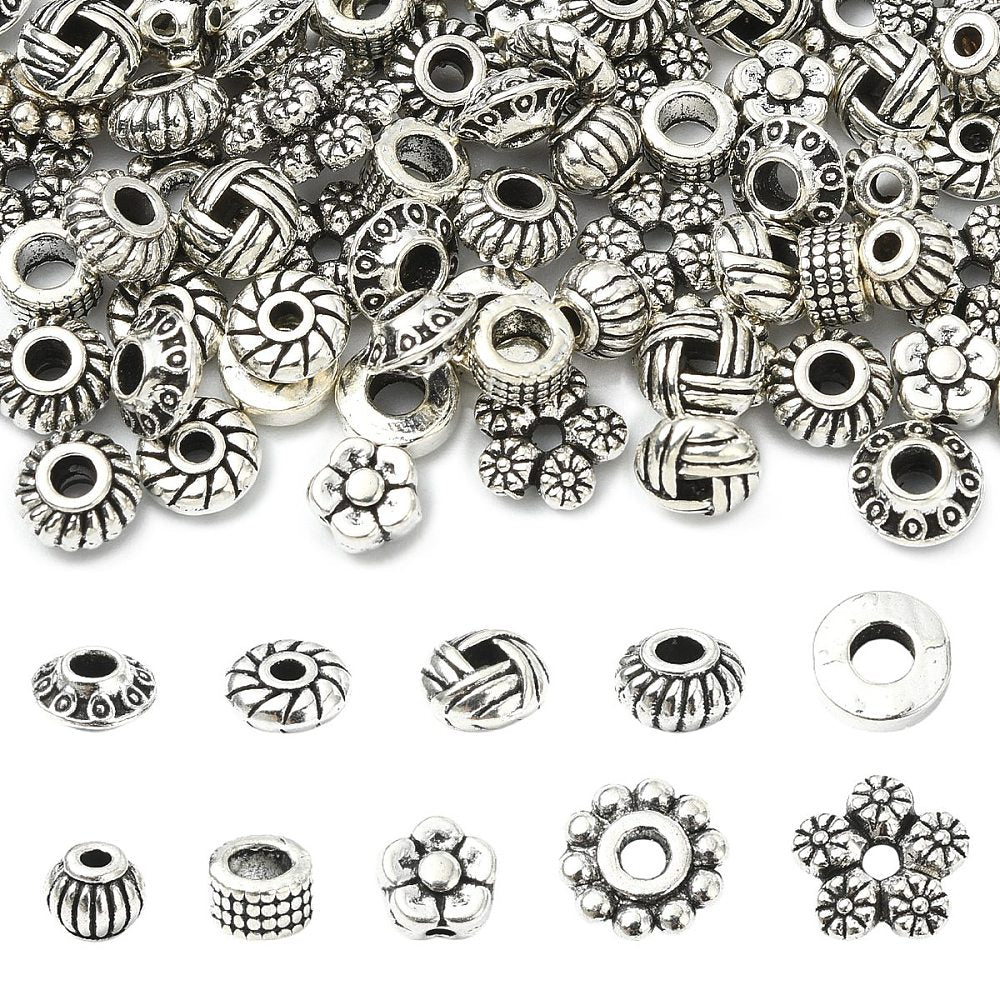 Bicone Metallpärlor Distanspärlor 5~7x2~4mm Antiksilver i 10 stilar, 100-pack