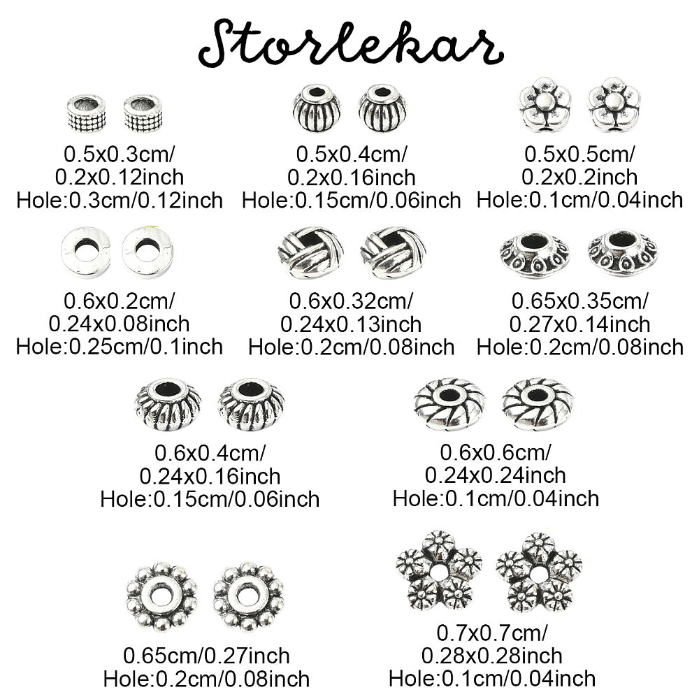 Bicone Metallpärlor Distanspärlor 5~7x2~4mm Antiksilver i 10 stilar, 100-pack