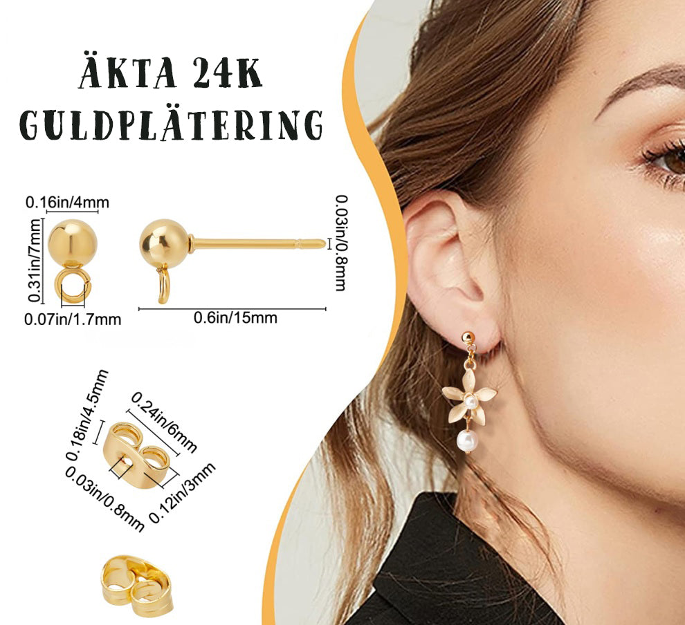 Stiftörhängen 4mm Kula 24K Guldpläterade Nickelfria, 6-pack