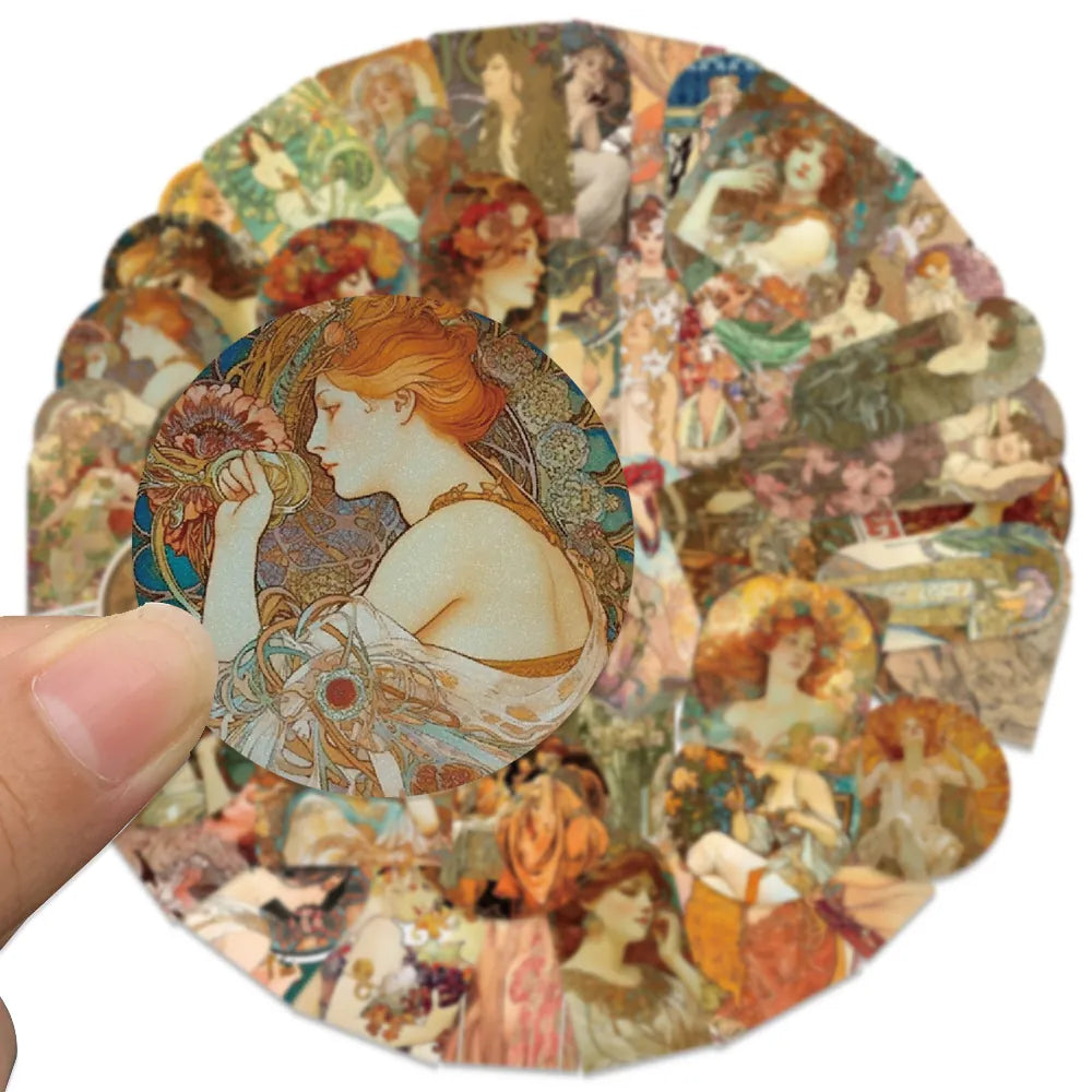 Klistermärken 40-80mm Vackra Vintage Illustrationer Mucha, 60-pack