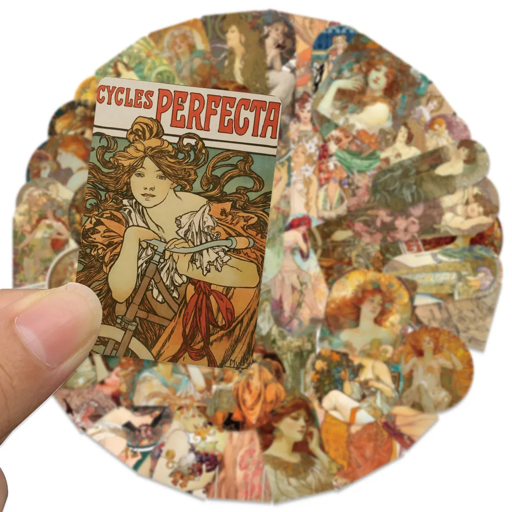 Klistermärken 40-80mm Vackra Vintage Illustrationer Mucha, 60-pack