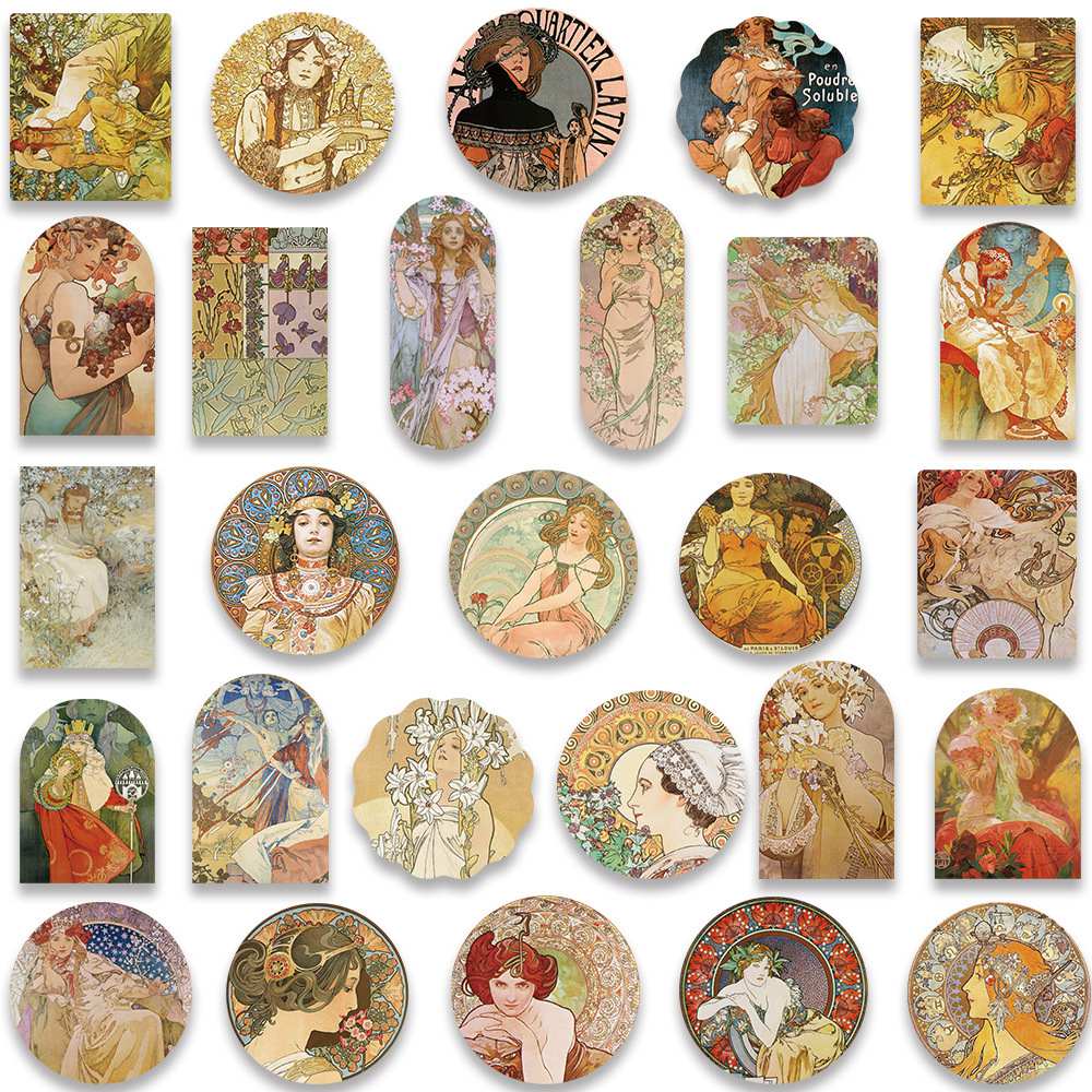Klistermärken 40-80mm Vackra Vintage Illustrationer Mucha, 54st