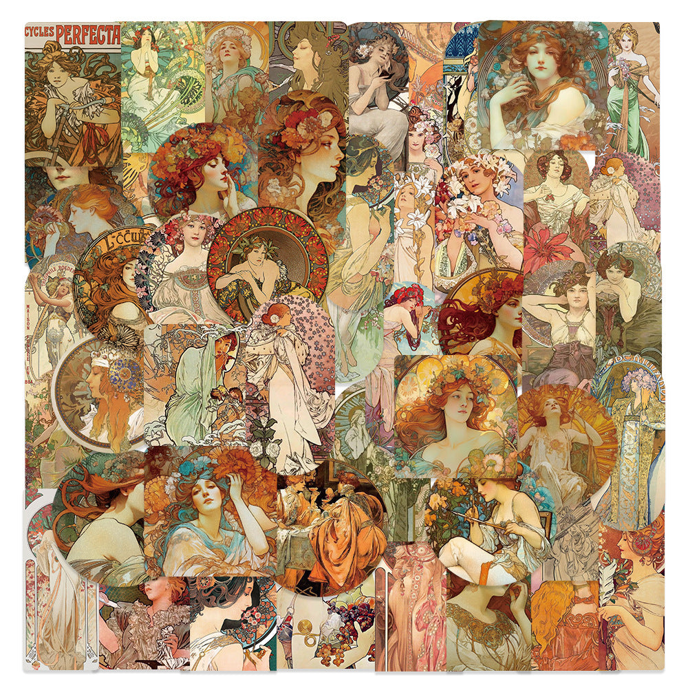 Klistermärken 40-80mm Vackra Vintage Illustrationer Mucha, 60-pack