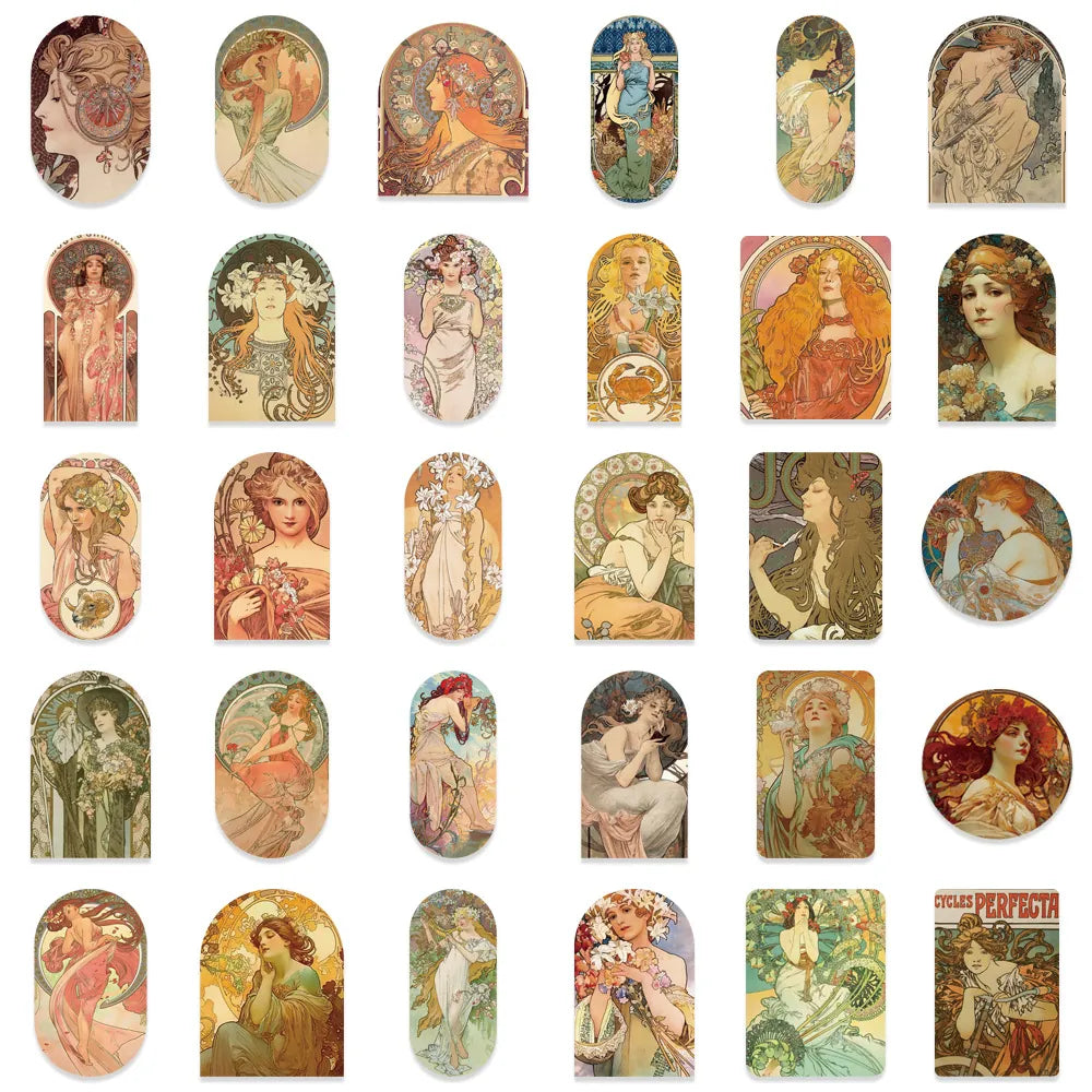 Klistermärken 40-80mm Vackra Vintage Illustrationer Mucha, 60-pack