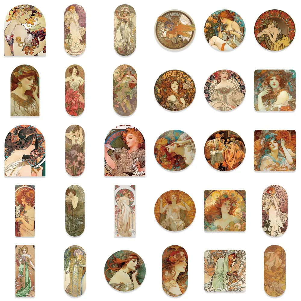 Klistermärken 40-80mm Vackra Vintage Illustrationer Mucha, 60-pack
