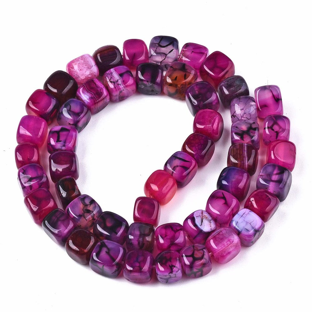 Kubformade Dragon Veins Agatpärlor 8mm Fuchsia Naturliga Ädelstenar, 1 sträng (ca 35cm)