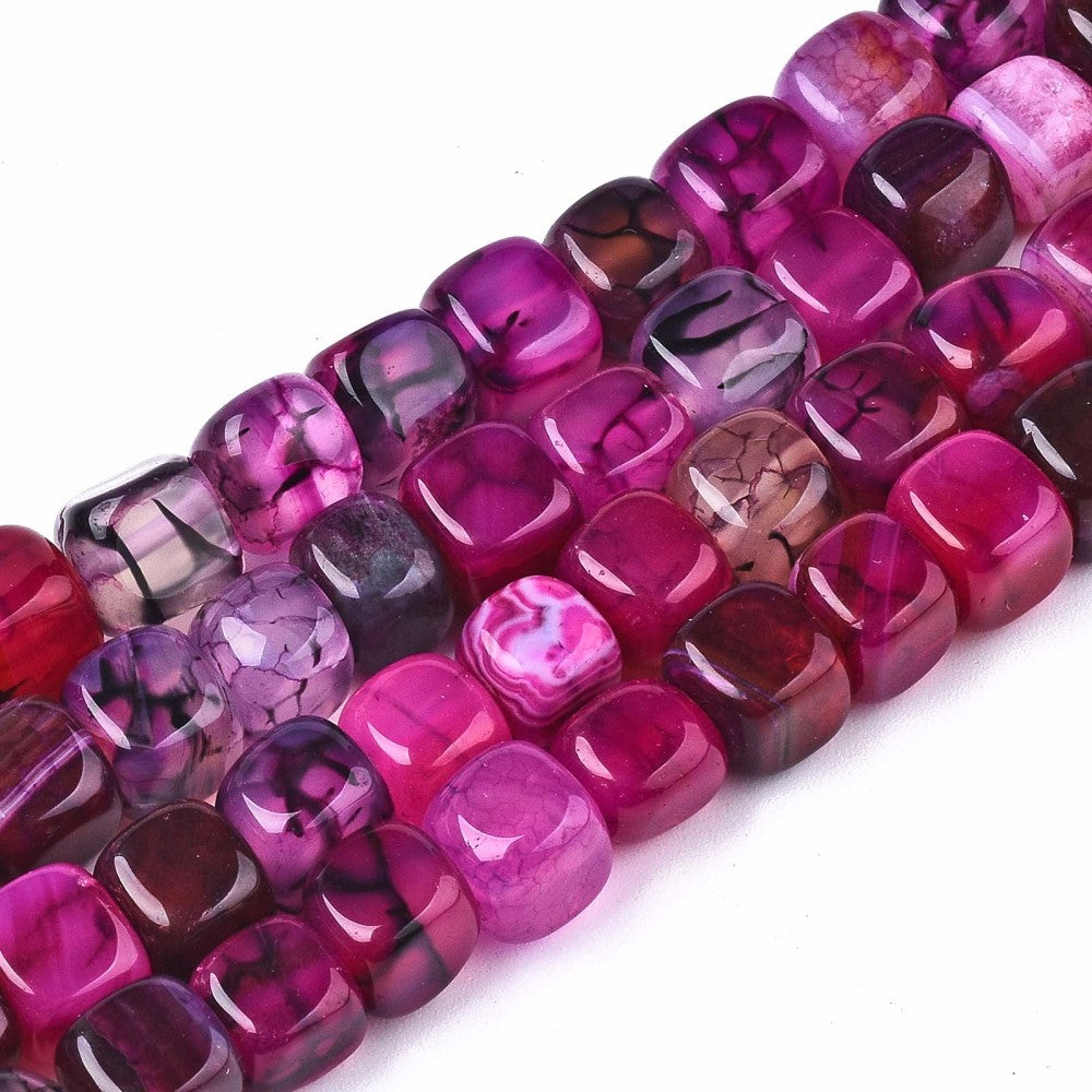 Kubformade Dragon Veins Agatpärlor 8mm Fuchsia Naturliga Ädelstenar, 1 sträng (ca 35cm)