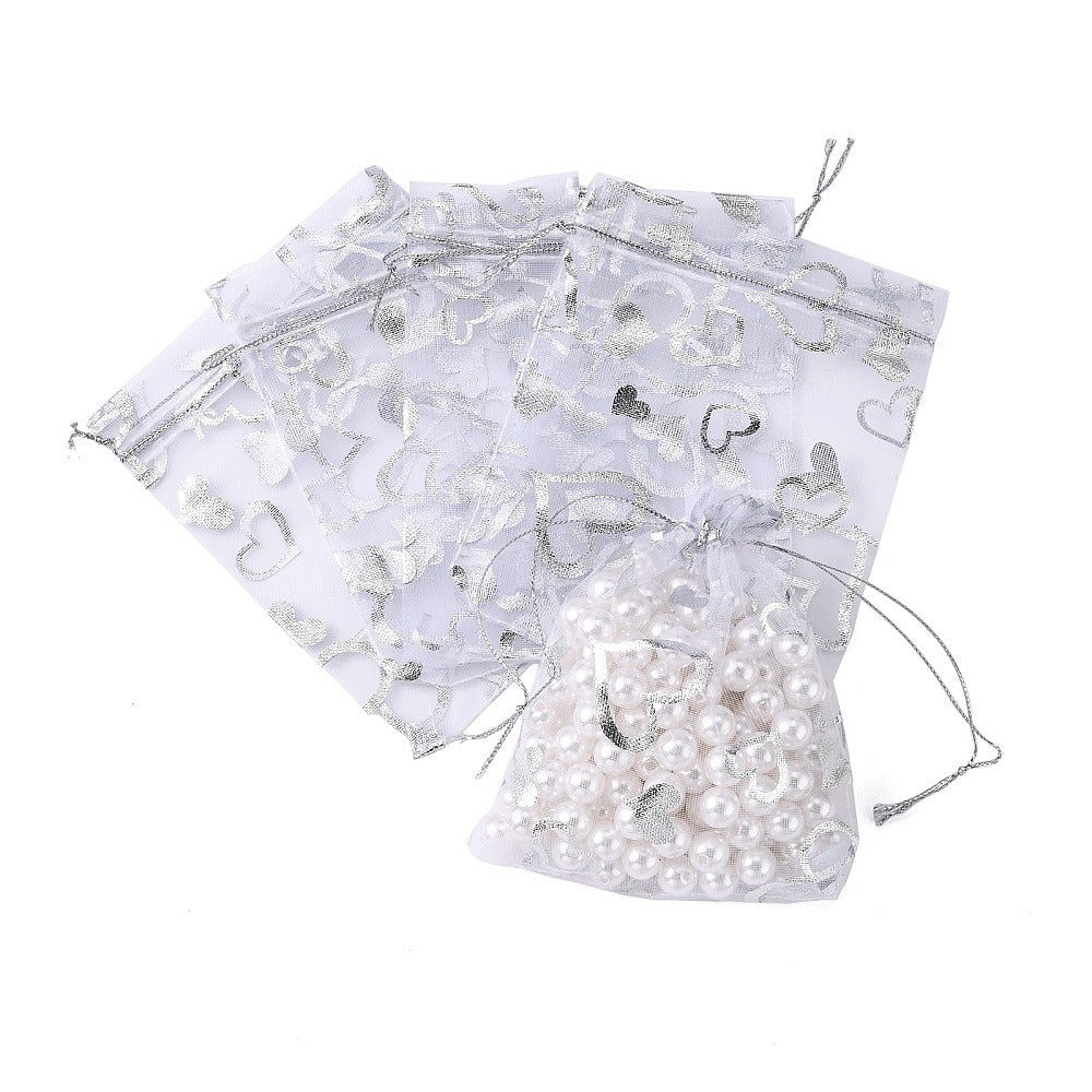 Organzapåsar ca 12x10cm Hjärtmönster Vit, 6-pack