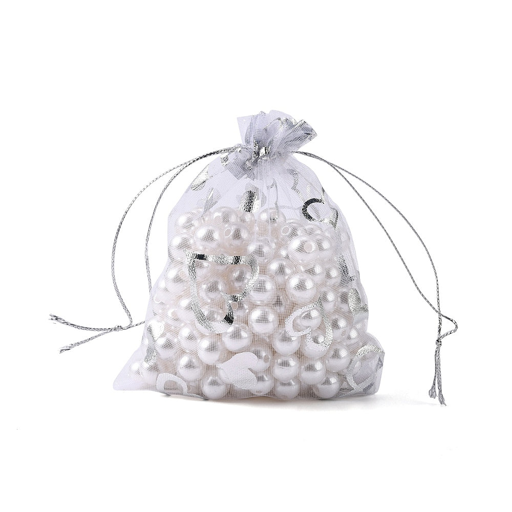 Organzapåsar ca 12x10cm Hjärtmönster Vit, 6-pack