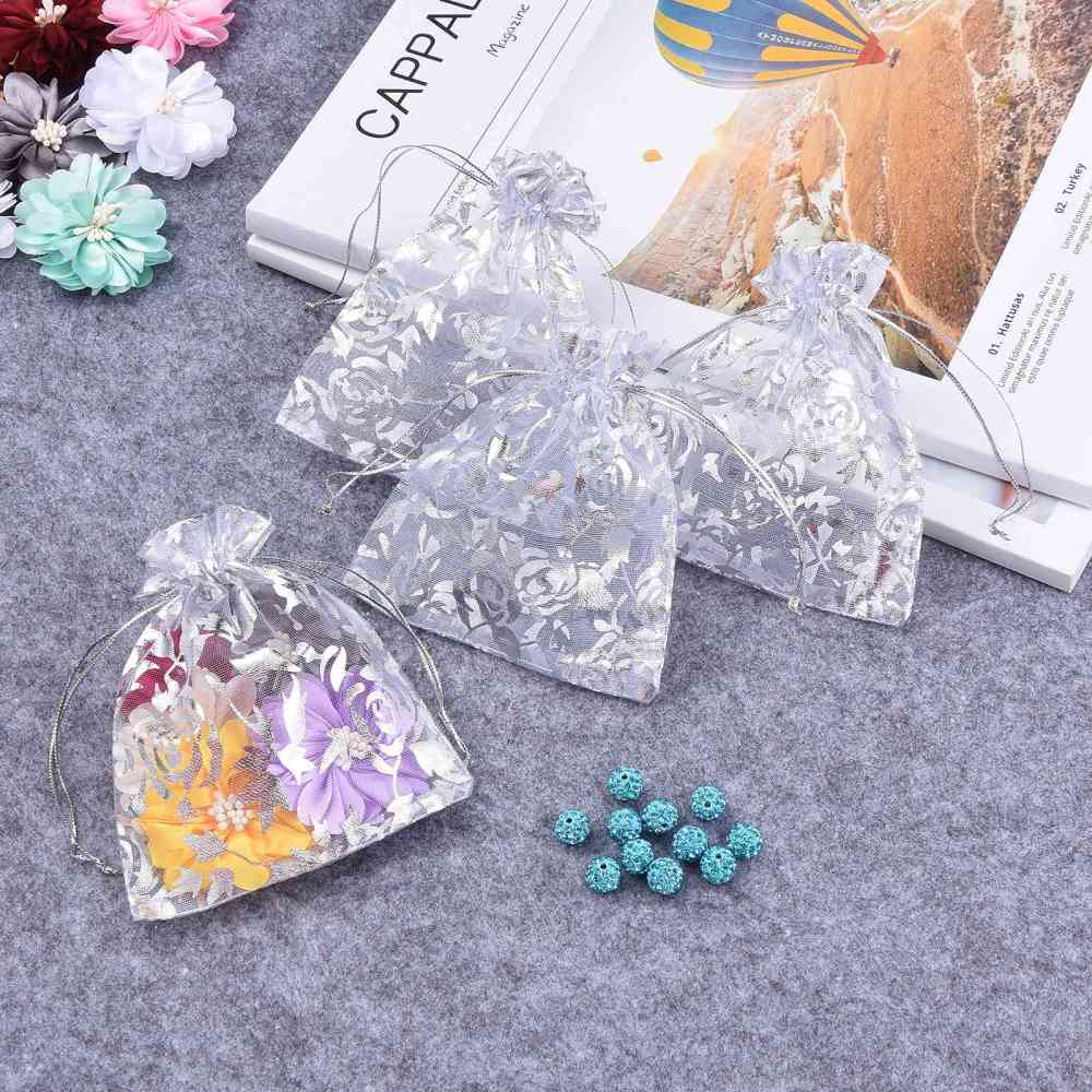 Organzapåsar ca 12x10cm Rosenmönster Vit, 6-pack