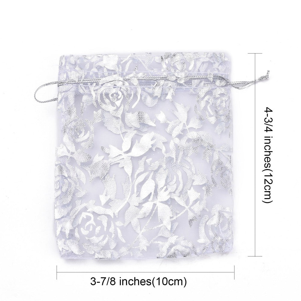 Organzapåsar ca 12x10cm Rosenmönster Vit, 6-pack