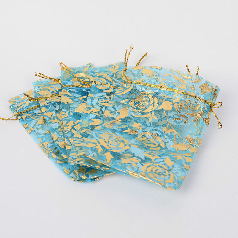 Organzapåsar ca 12x10cm Rosenmönster Ljusblå, 6-pack