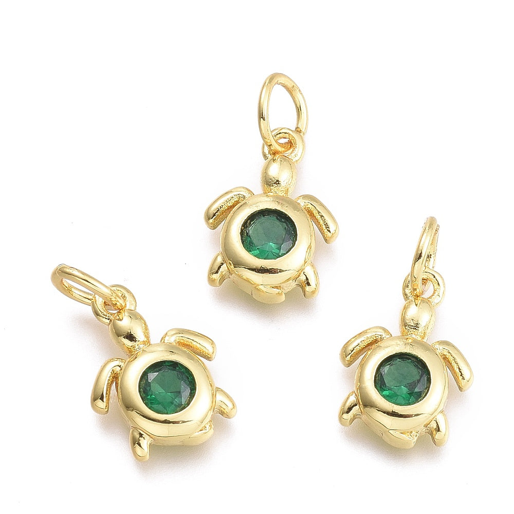 Berlock Hänge 18K Guldpläterad Sköldpadda i Mässing med Grön Cubic Zirconiasten, 1st