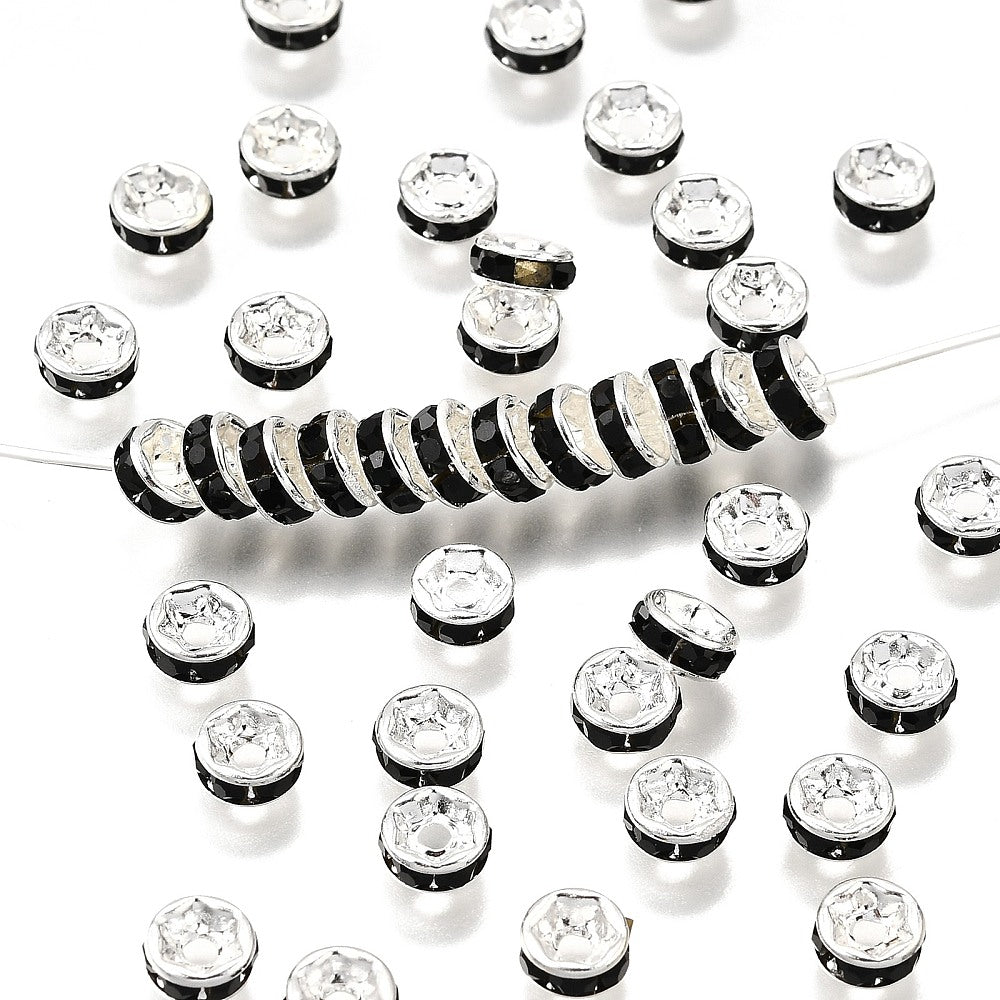 Strassrondeller 6mm Svart strass Silverpläterade, 20-pack