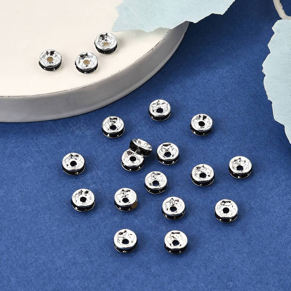 Strassrondeller 6mm Svart strass Silverpläterade, 20-pack