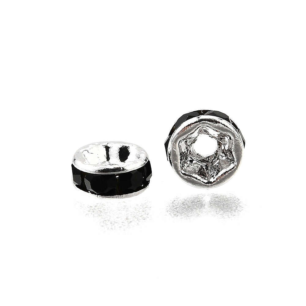 Strassrondeller 6mm Svart strass Silverpläterade, 20-pack