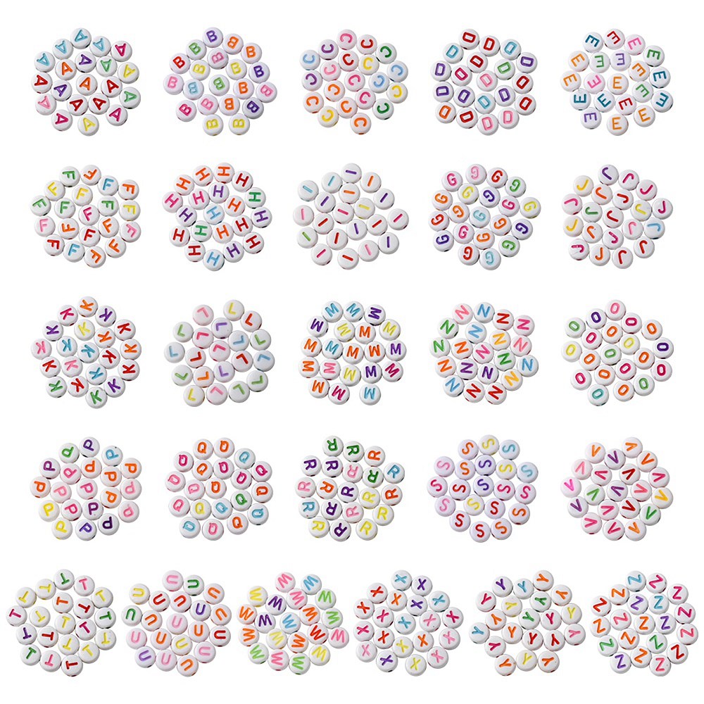 Bokstavspärlor A-Z Vita 7x4mm med Färglada tryck och horisontellt hål