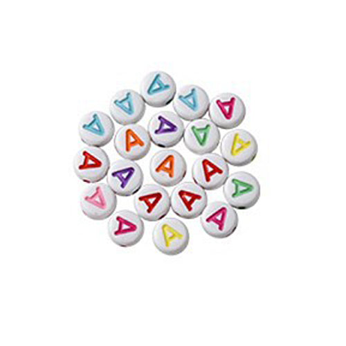 Bokstavspärlor A-Z Vita 7x4mm med Färglada tryck och horisontellt hål, säljes per bokstav i 20-pack