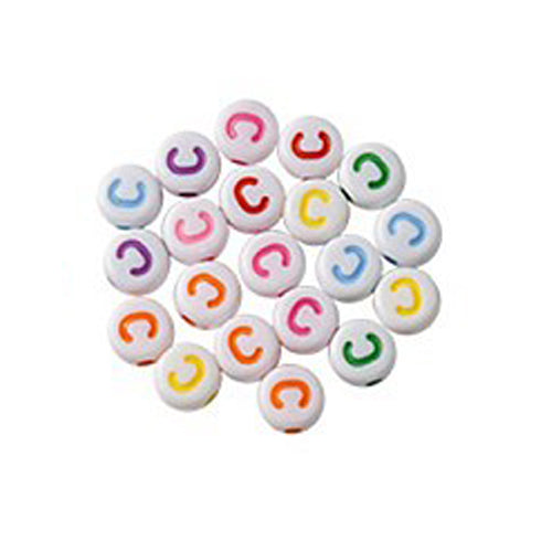 Bokstavspärlor A-Z Vita 7x4mm med Färglada tryck och horisontellt hål, säljes per bokstav i 20-pack