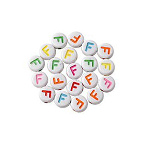 Bokstavspärlor A-Z Vita 7x4mm med Färglada tryck och horisontellt hål, säljes per bokstav i 20-pack