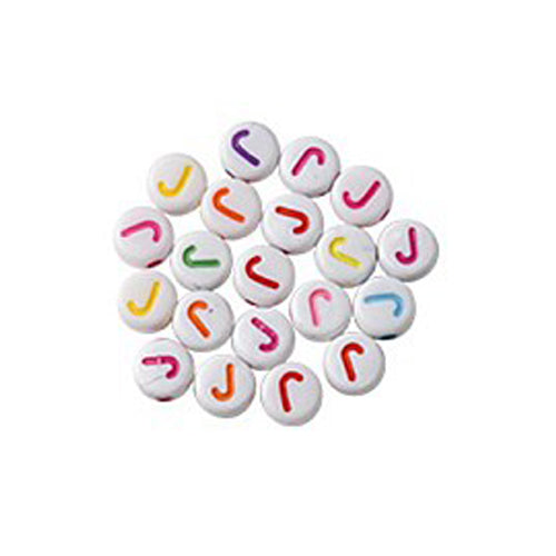 Bokstavspärlor A-Z Vita 7x4mm med Färglada tryck och horisontellt hål, säljes per bokstav i 20-pack