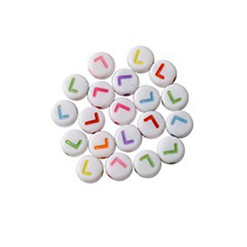 Bokstavspärlor A-Z Vita 7x4mm med Färglada tryck och horisontellt hål, säljes per bokstav i 20-pack