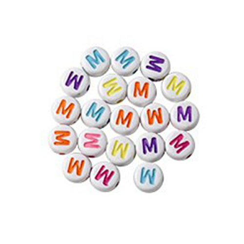 Bokstavspärlor A-Z Vita 7x4mm med Färglada tryck och horisontellt hål, säljes per bokstav i 20-pack