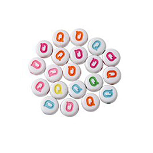 Bokstavspärlor A-Z Vita 7x4mm med Färglada tryck och horisontellt hål, säljes per bokstav i 20-pack