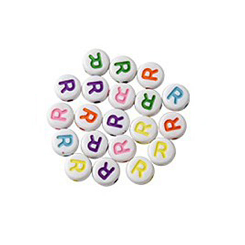 Bokstavspärlor A-Z Vita 7x4mm med Färglada tryck och horisontellt hål, säljes per bokstav i 20-pack