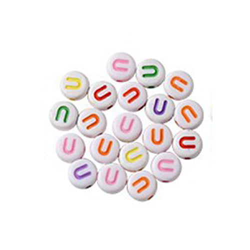 Bokstavspärlor A-Z Vita 7x4mm med Färglada tryck och horisontellt hål, säljes per bokstav i 20-pack