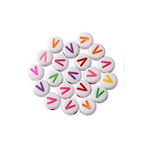 Bokstavspärlor A-Z Vita 7x4mm med Färglada tryck och horisontellt hål, säljes per bokstav i 20-pack