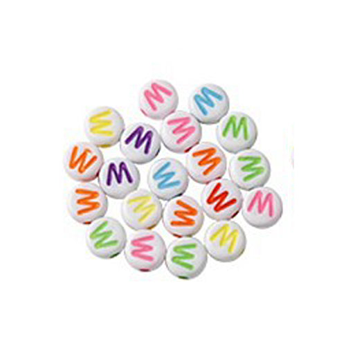 Bokstavspärlor A-Z Vita 7x4mm med Färglada tryck och horisontellt hål, säljes per bokstav i 20-pack