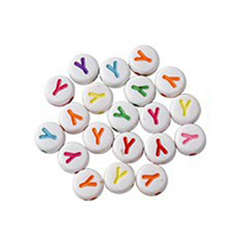 Bokstavspärlor A-Z Vita 7x4mm med Färglada tryck och horisontellt hål, säljes per bokstav i 20-pack