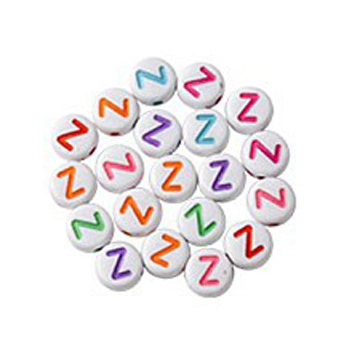 Bokstavspärlor A-Z Vita 7x4mm med Färglada tryck och horisontellt hål, säljes per bokstav i 20-pack