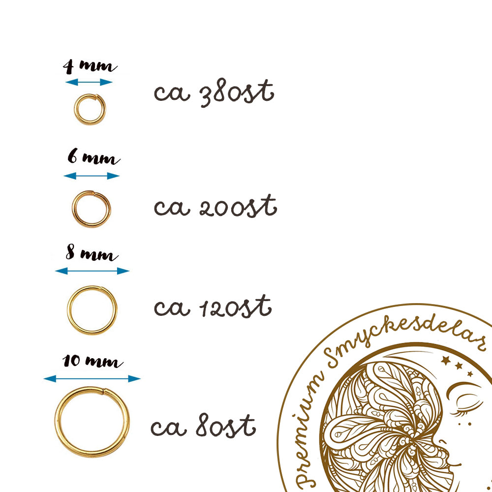 Bindringar sorterade 4-10mm Guldpläterade Nickelfria, 1 Box (ca 780st)