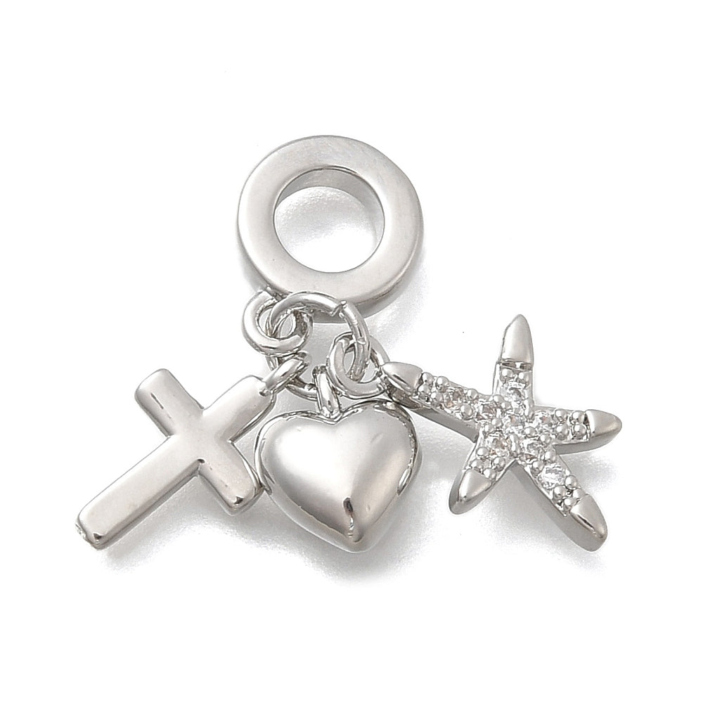 Europeisk berlock med cubic zirconia hjärta, kors och stjärna i mässing platinapläterade, 1 st