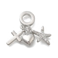Europeisk berlock med cubic zirconia hjärta, kors och stjärna i mässing platinapläterade, 1 st