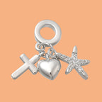 Europeisk berlock med cubic zirconia hjärta, kors och stjärna i mässing platinapläterade, 1 st