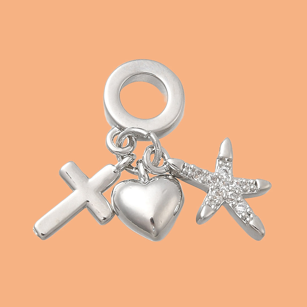 Europeisk berlock med cubic zirconia hjärta, kors och stjärna i mässing platinapläterade, 1 st