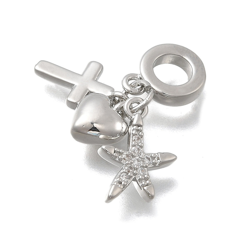 Europeisk berlock med cubic zirconia hjärta, kors och stjärna i mässing platinapläterade, 1 st