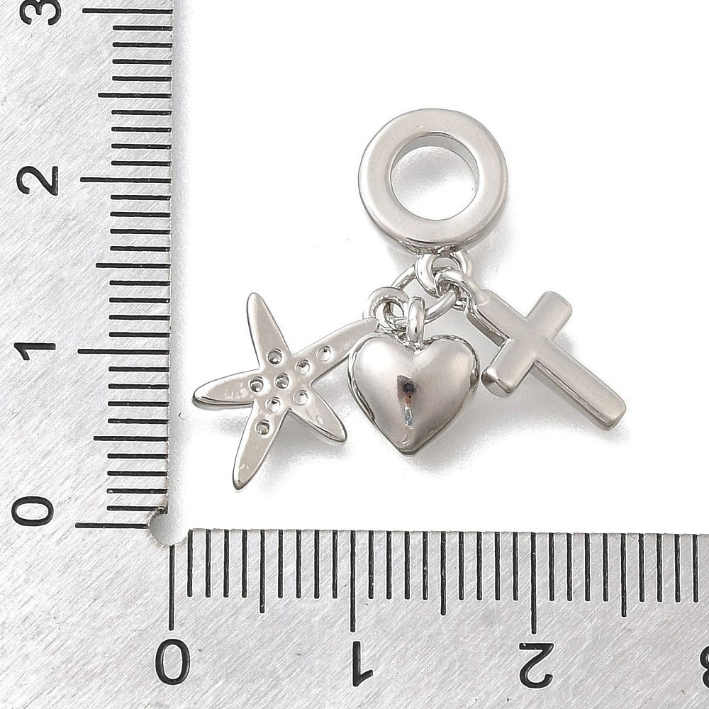 Europeisk berlock med cubic zirconia hjärta, kors och stjärna i mässing platinapläterade, 1 st