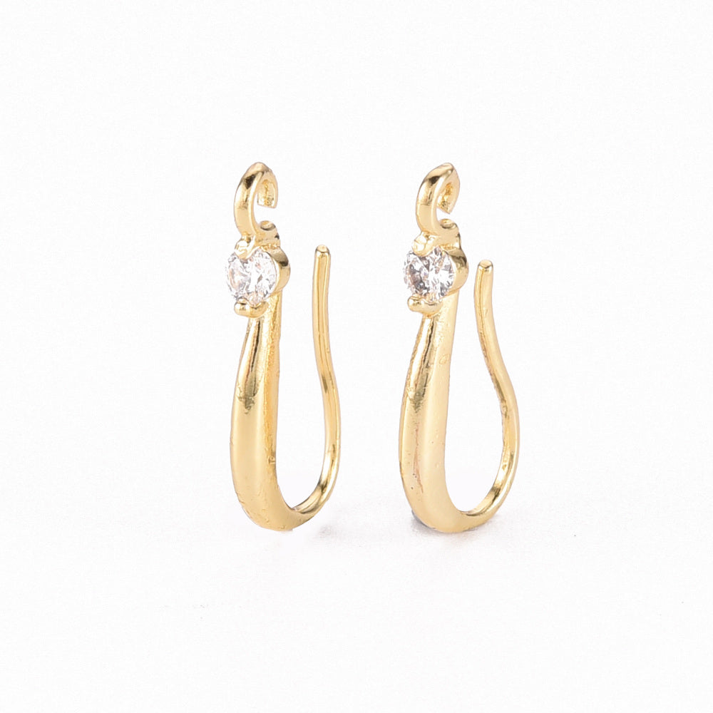 Örhängeskrokar i mässing med infattad klar cubic zirconia, lämpad för nätta och eleganta örhängen.