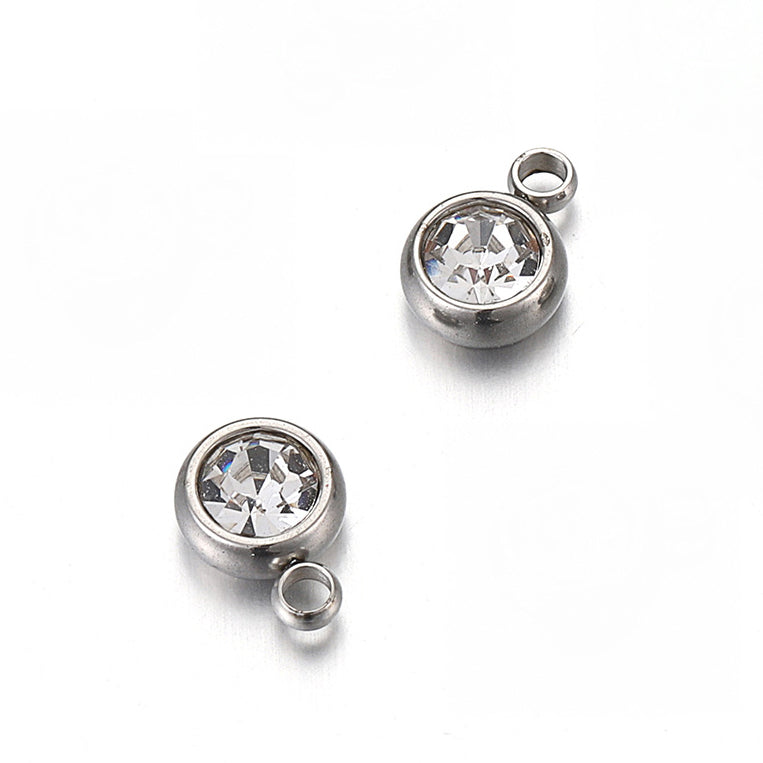 Rund berlock i 304 rostfritt stål och klar strass, 2-pack
