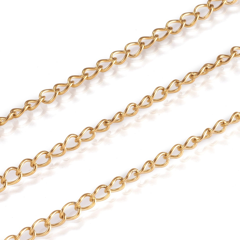 Tvinnad kedja Twisted chain i rostfritt stål 4×3×0,6mm 18K Guldplätering, 1 meter